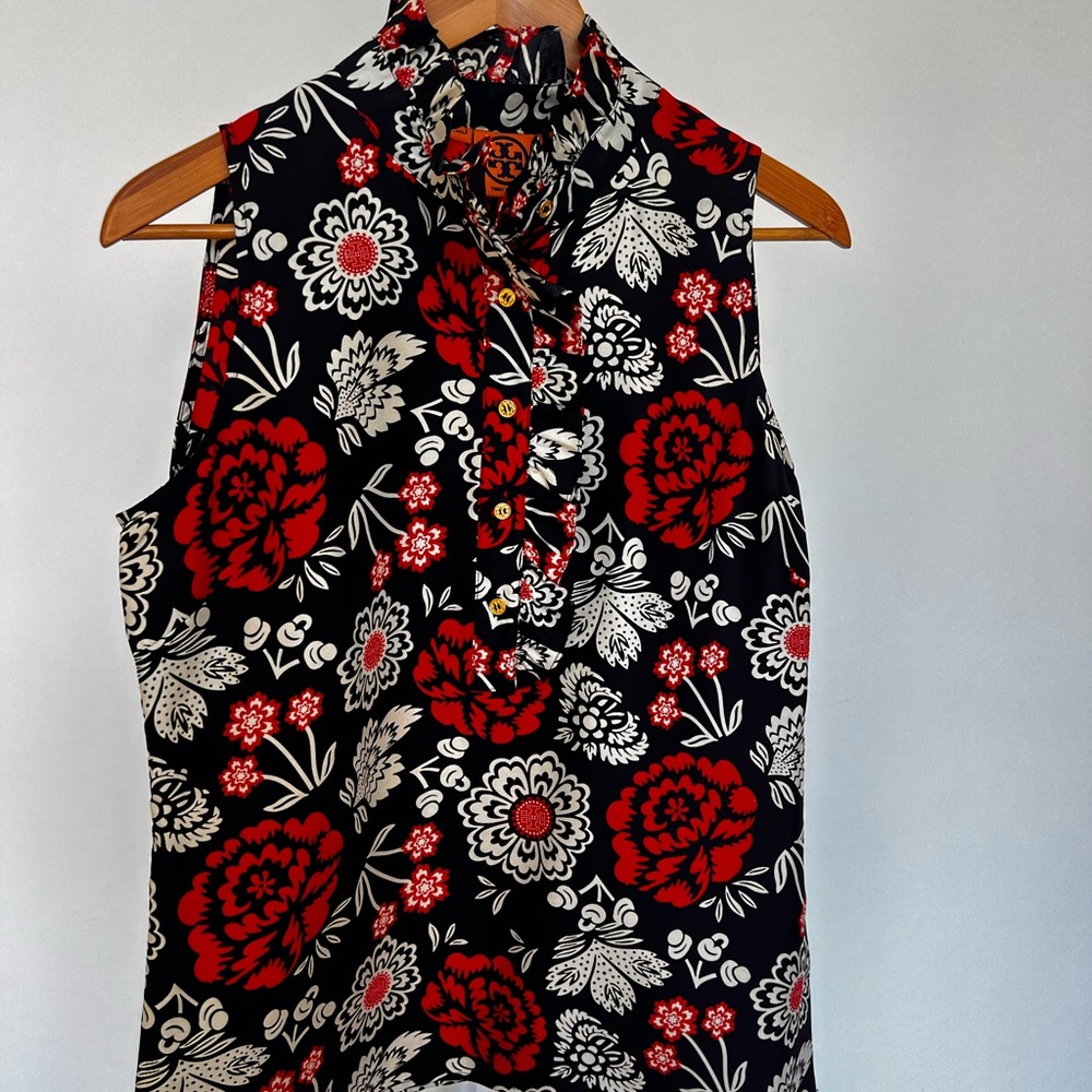 Tory Burch Ruffle-Neck Sleeveless Top - Navy, Red, Cream